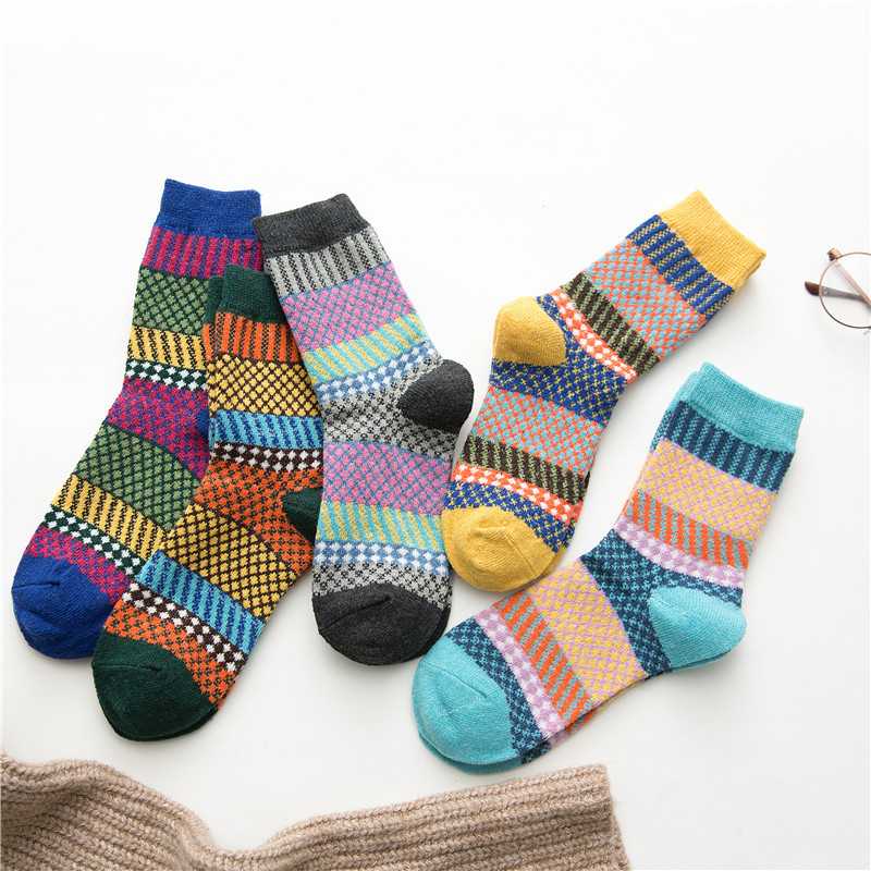5 Pairs Pineapple Argyle Patterned Thick Wool Socks Winter Warm Socks